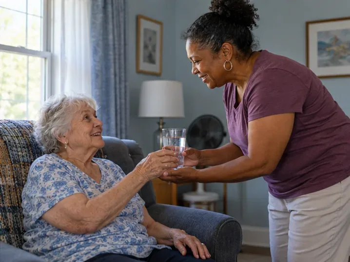 A neighbor offers a glass of water while checking on an older woman indoors.
