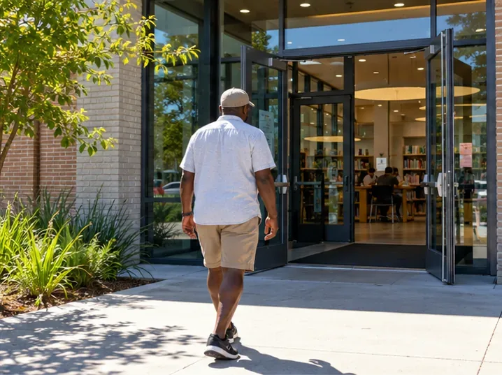 An adult walks through the open entrance of a public library on a bright, hot day.