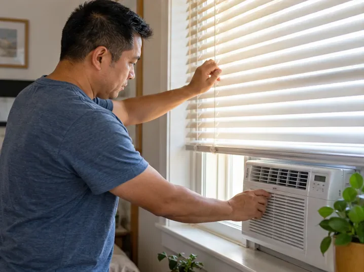 A person closes window blinds and checks a window air conditioner in a home.