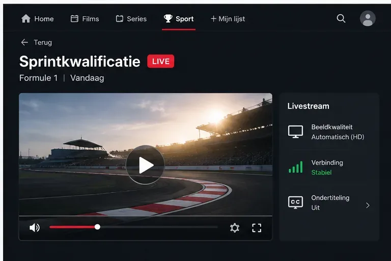 Schematische liveplayer voor een Formule 1-sessie met afspeelknop en status voor verbinding en beeldkwaliteit.