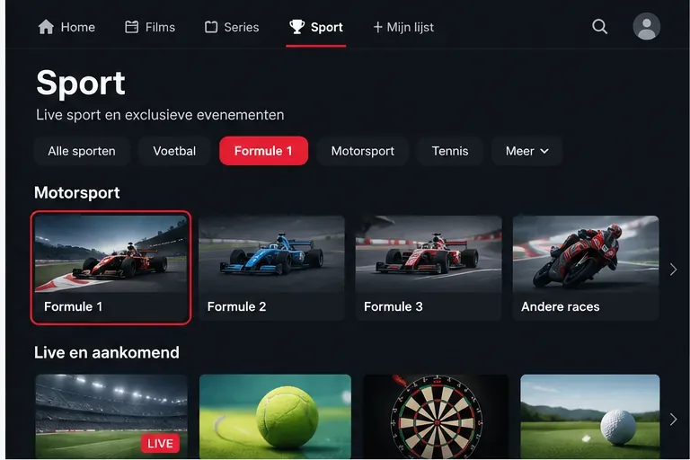 Schematische Sport-pagina met Formule 1 als geselecteerde motorsportcategorie.