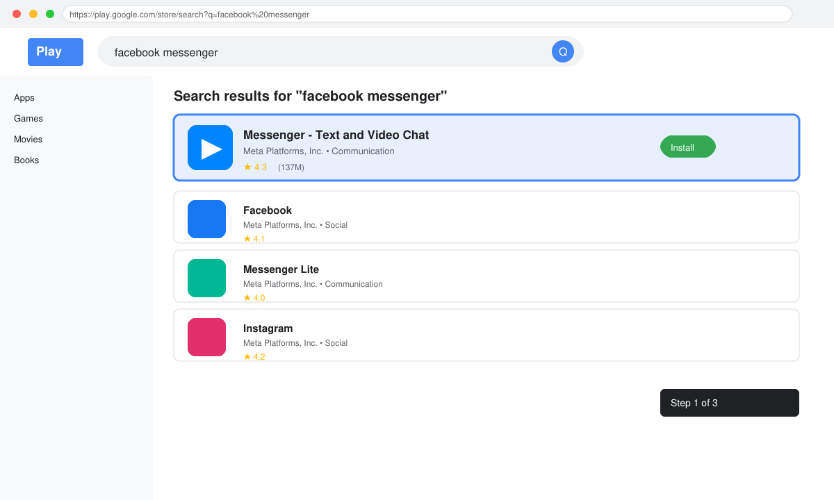 Screenshot of Google Play Store search results highlighting the official Messenger app by Meta
