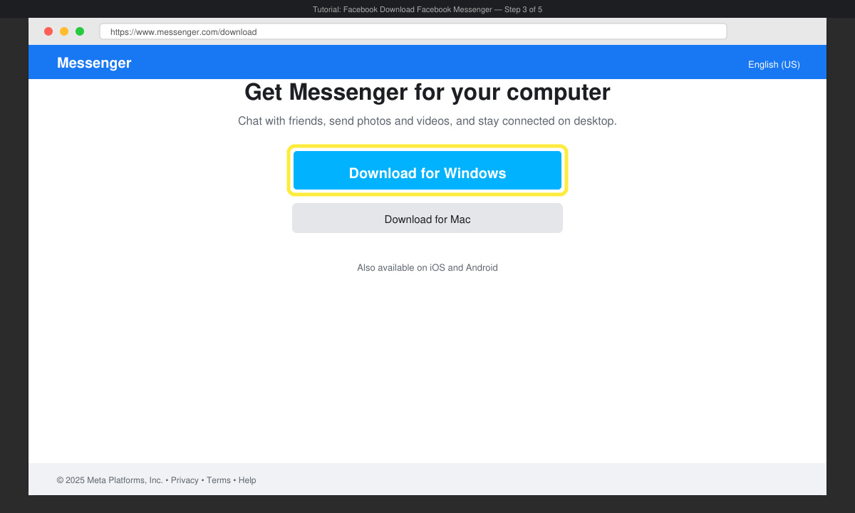 Desktop screen showing the Messenger download page with the official download button highlighted