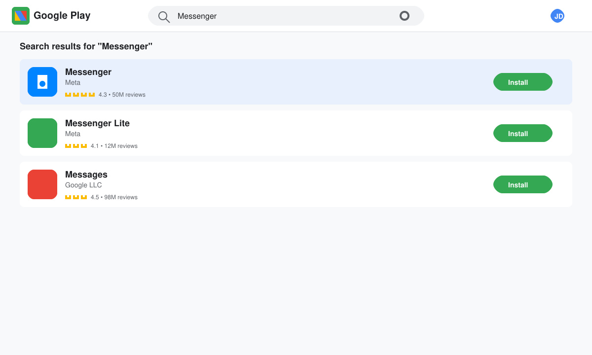 Google Play Store search results for Facebook Messenger Application Download