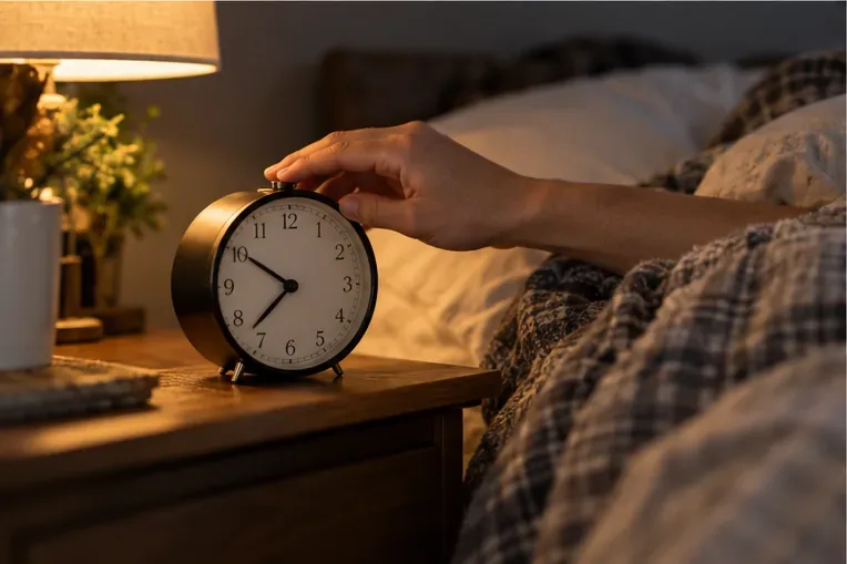 A hand adjusts a round analog alarm clock on a bedside table in a warmly lit bedroom.