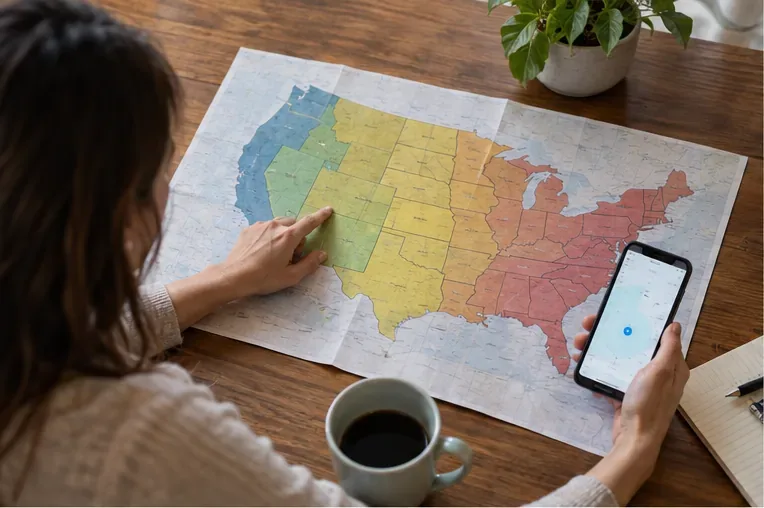 A person compares a printed map of the United States with a location displayed on a phone at a desk.