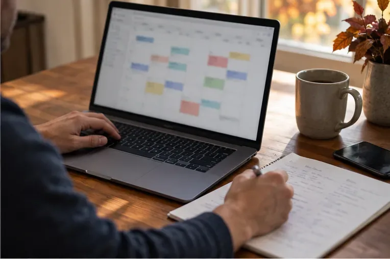 A person reviews a calendar on a laptop while noting appointments in a notebook beside it.