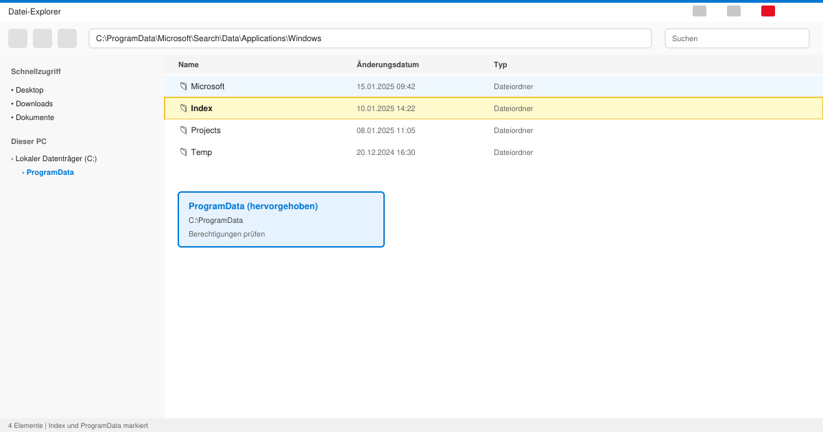 Falsche berechtigungen für Windows search verzeichnisse Windows 11