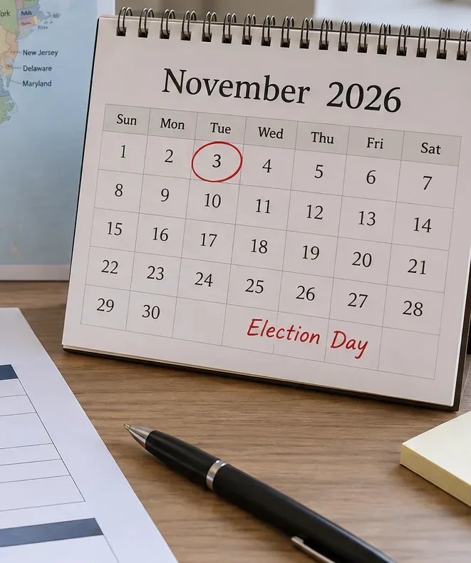 Calendario de noviembre de 2026 con el 3 de noviembre marcado como Election Day, junto a un bolígrafo y un formulario de registro de votantes