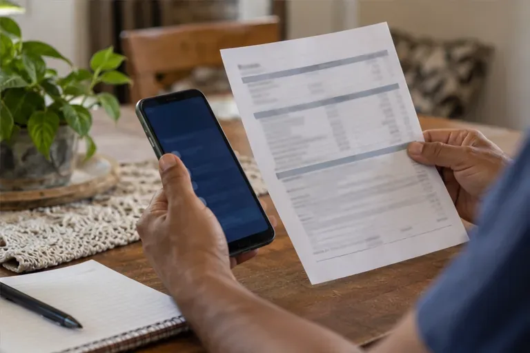 Trabalhador confere no celular e no documento impresso se os depósitos mensais estão registrados corretamente.