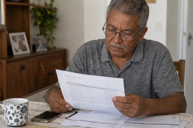 Trabalhador compara um extrato impresso com documentos de empregos anteriores para identificar cada conta vinculada.
