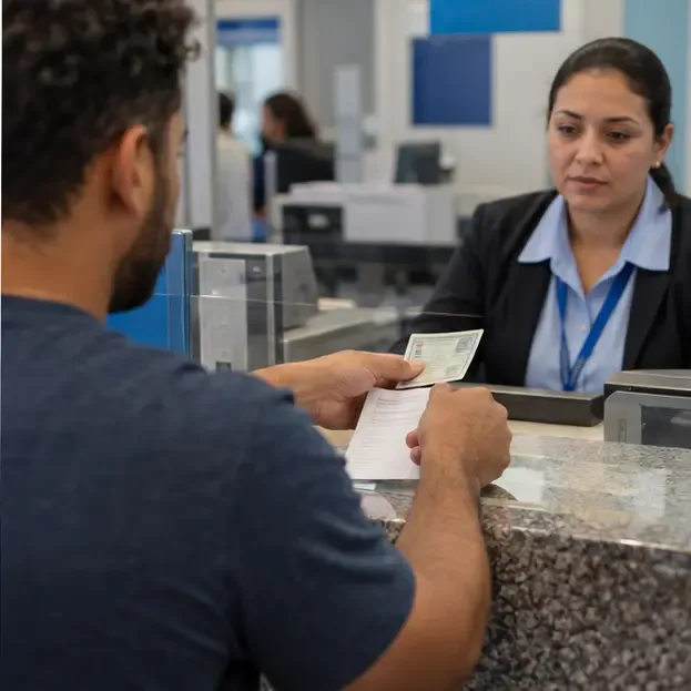 Trabalhador apresenta documento e formulário a uma atendente em um balcão bancário
