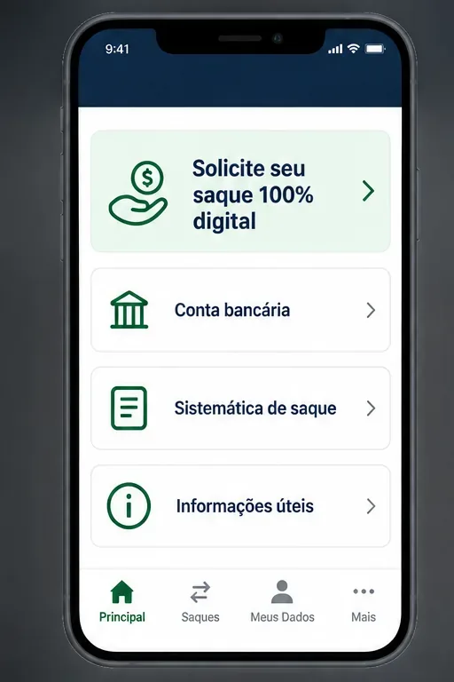 A tela inicial representada do APP FGTS exibe os cards “Conta bancária”, “Solicite seu saque 100% digital”, “Sistemática de saque” e “Informações úteis”, além dos quatro itens da navegação inferior.