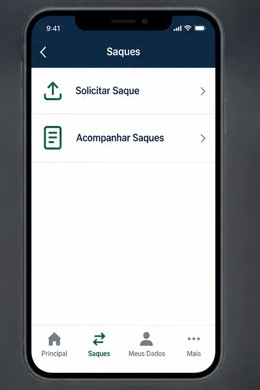 A página “Saques” representada exibe as opções “Solicitar Saque” e “Acompanhar Saques” descritas no guia do APP FGTS.