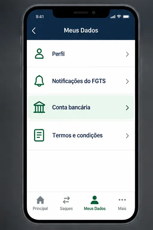 A opção “Conta bancária” destacada na lista “Meus Dados” representada, ponto de entrada para o cadastro conforme o guia do APP FGTS.