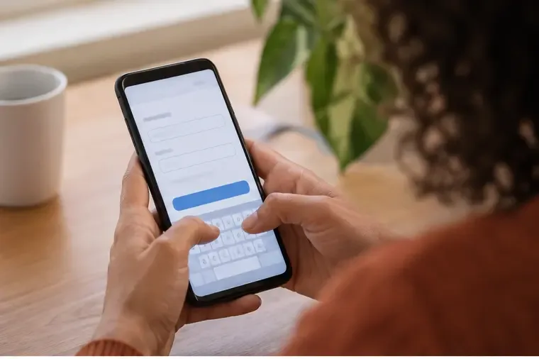 Mãos preenchendo campos genéricos em um celular, sem dados legíveis, representando o cadastro com CPF e dados de contato