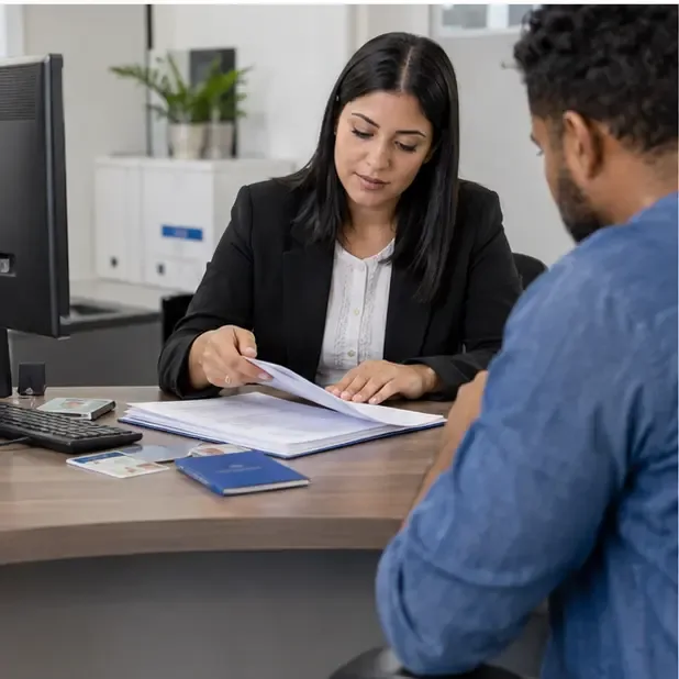 Trabalhador conversa com profissional de recursos humanos enquanto ambos revisam documentos de emprego
