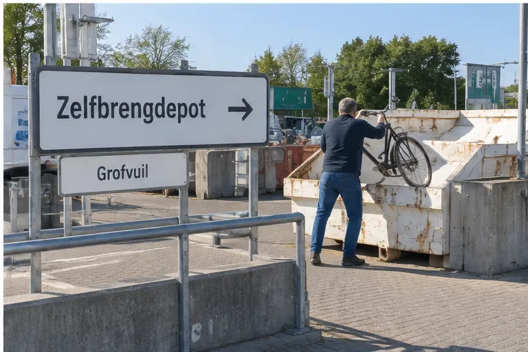 Een man brengt een oude fiets naar een terrein met borden 'Zelfbrengdepot' en 'Grofvuil'.