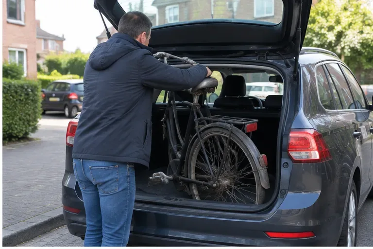 Een inwoner laadt een oude fiets in de bagageruimte van een auto om deze zelf naar het afvalbrengstation te brengen.