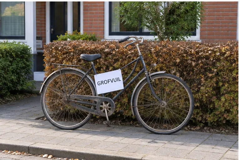 Een oude fiets staat buiten bij een woning met een kaartje 'GROFVUIL', klaar voor een afgesproken gemeentelijke inzameling.