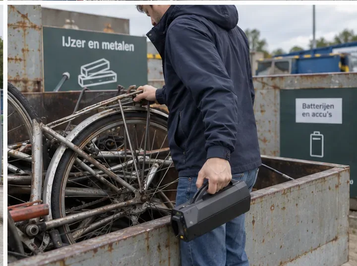 Een man plaatst een oud fietsframe bij ijzer en metalen en houdt een losse zwarte fietsaccu apart bij een aanduiding voor batterijen en accu’s.