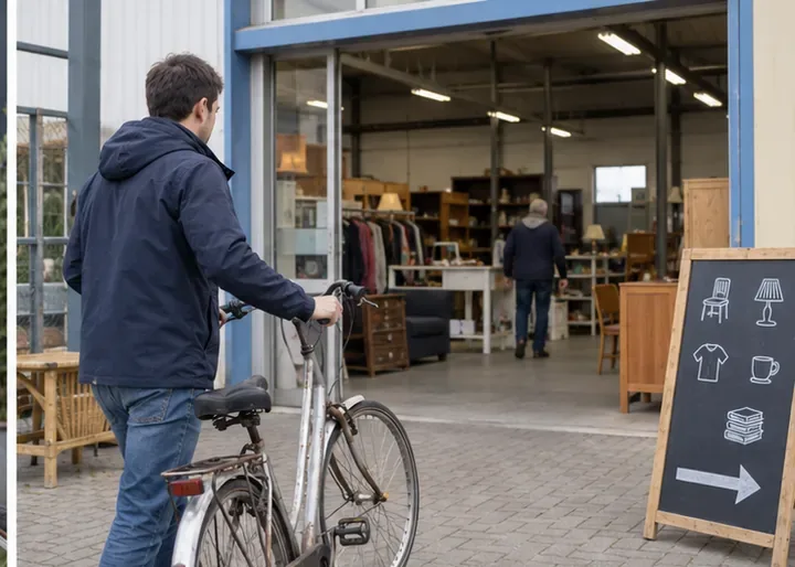 Een man loopt met een gebruikte fiets naar de ingang van een kringloopachtige hergebruikslocatie met tweedehands spullen.
