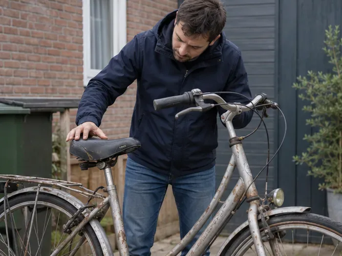 Een man bekijkt thuis een sterk verouderde fiets en controleert zadel, frame en onderdelen om te bepalen of de fiets nog bruikbaar is.
