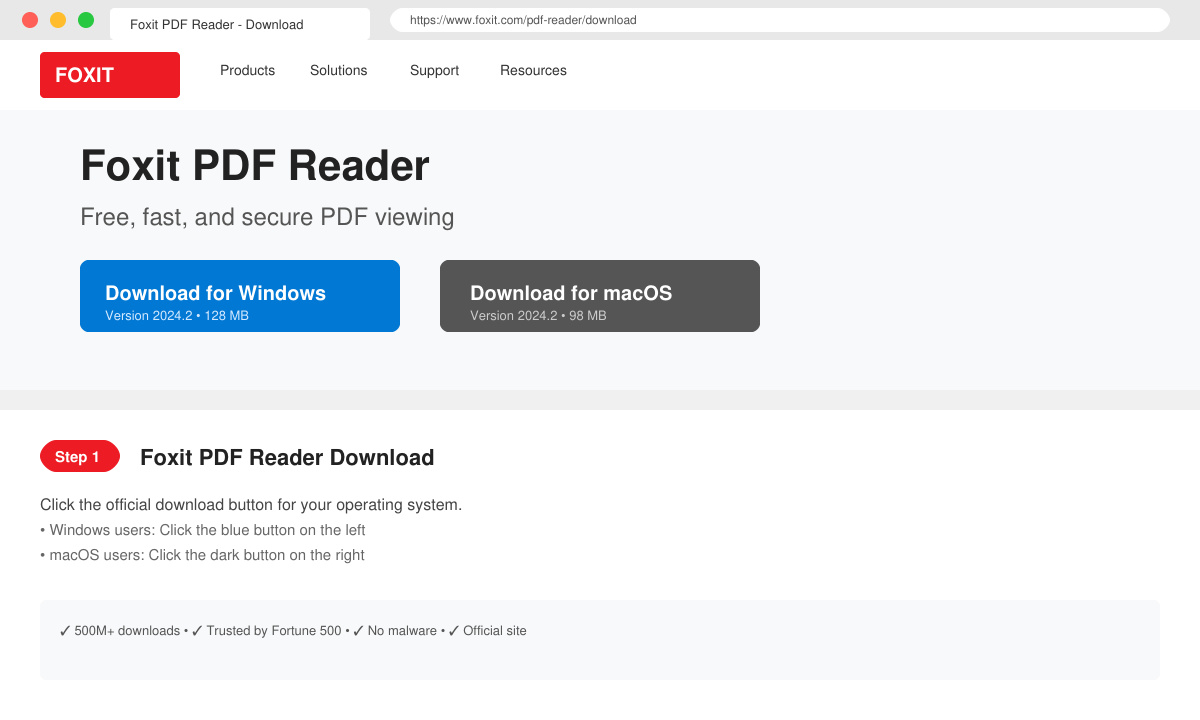 Screenshot of the Foxit website download page highlighting the correct Windows or macOS button to click