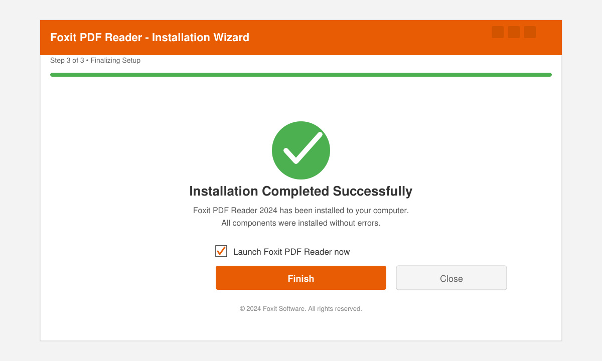 Image of the completed installation screen on Windows with the Launch Foxit PDF Reader checkbox visible