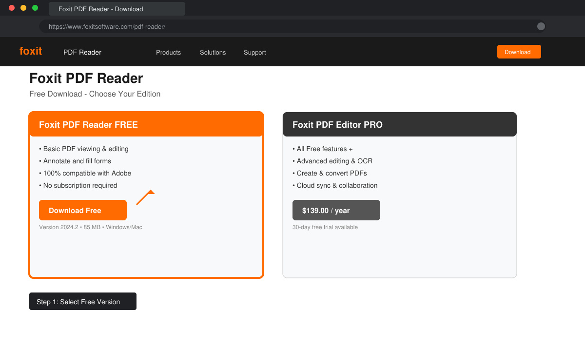 Browser window displaying the Foxit download selection page with the free version option highlighted