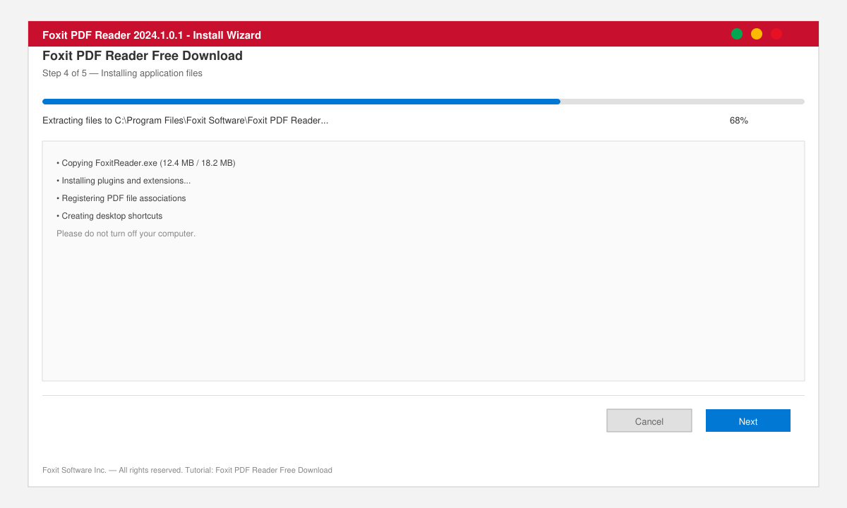 Installation wizard screen showing progress bar during Foxit PDF Reader setup
