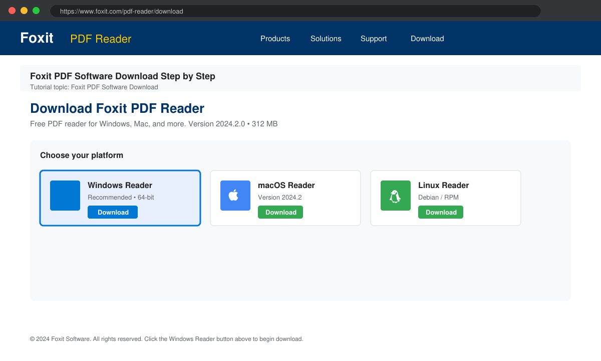 Screenshot of the Foxit website download page with the correct Reader button highlighted