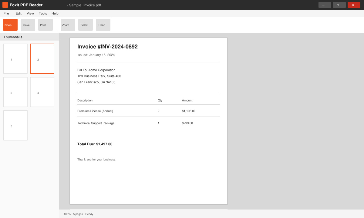 Foxit PDF interface after successful installation with toolbar visible and a test PDF loaded