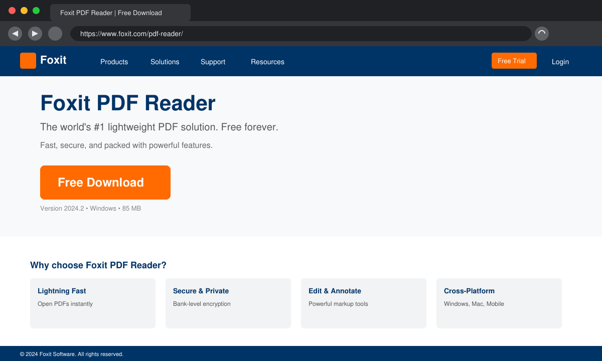 Screenshot of the official Foxit PDF Reader download page with the Free Download button highlighted