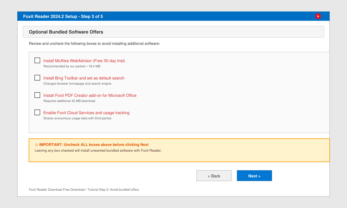 Installer window showing the checkbox to decline bundled offers during Foxit Reader installation