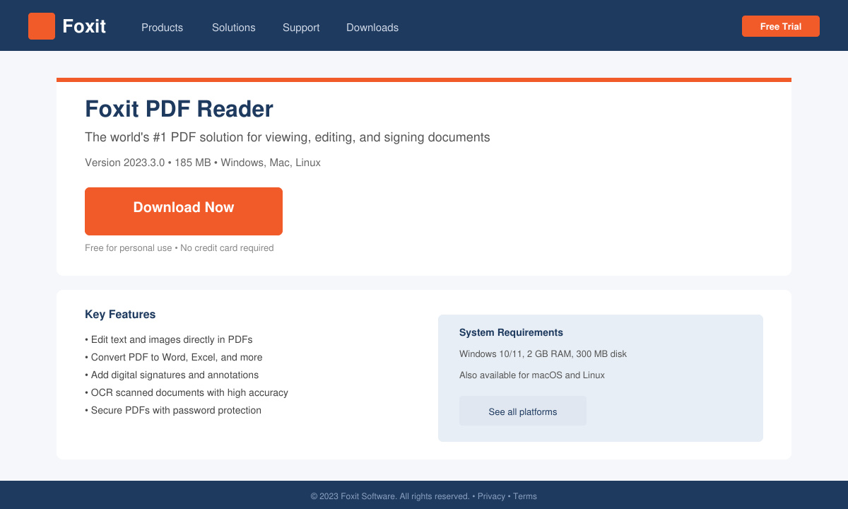 Screenshot of the Foxit Reader download page with the large blue Download button clearly visible