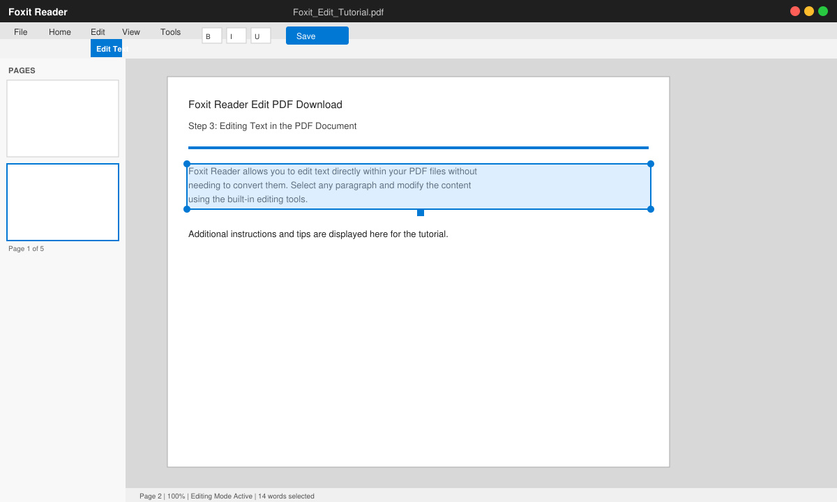 Close-up view of the Edit tab in Foxit Reader with text selection handles active on a paragraph
