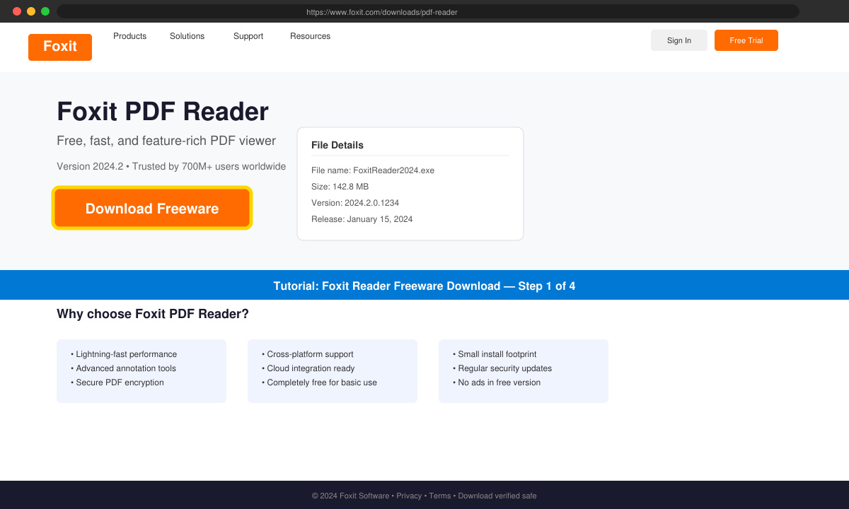 Screenshot of the Foxit website download page highlighting the freeware button