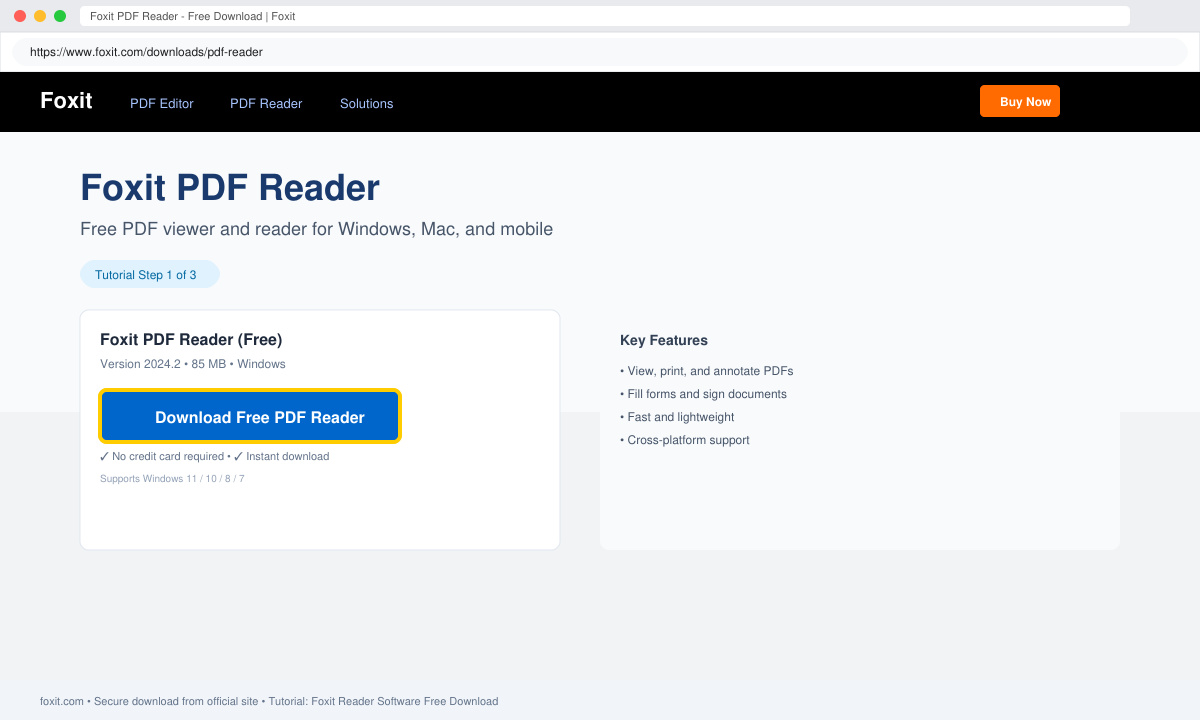 Screenshot of the Foxit website download page with the correct Free PDF Reader button highlighted