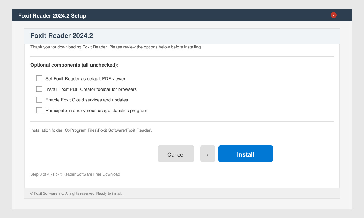 Installation wizard screen showing the unchecked optional offers and the Install button