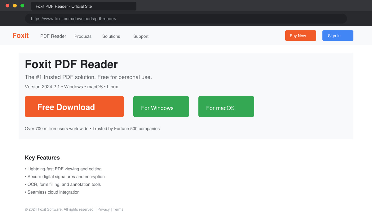 Screenshot of the Foxit website download page with the Free Download button clearly highlighted