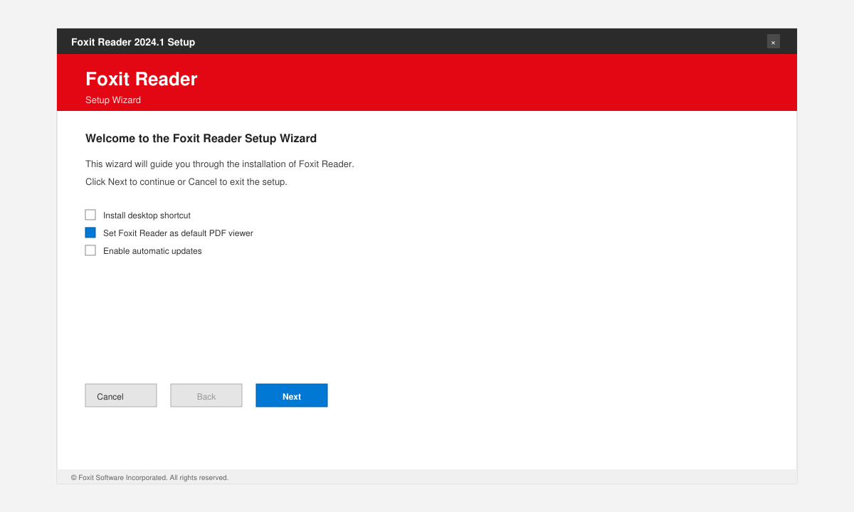 Installer wizard window showing the default installation path and Next button