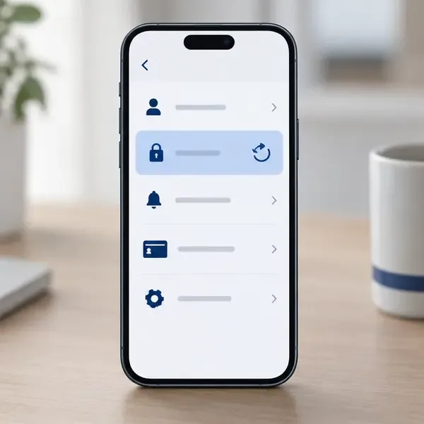 Smartphone affichant une page de paramètres abstraite avec une ligne de sécurité mise en évidence et un symbole de réinitialisation