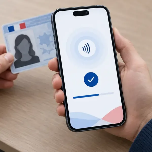 Main tenant un smartphone devant une carte nationale d’identité avec un symbole de lecture NFC et une coche de validation