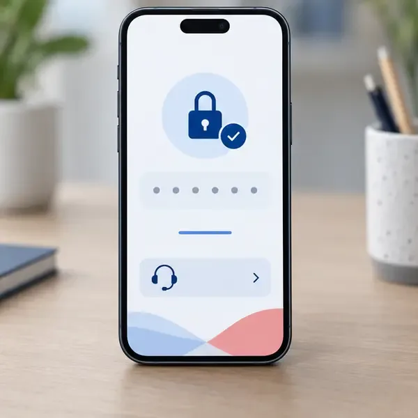 Smartphone affichant une interface abstraite de code sécurisé avec une coche et une icône de support