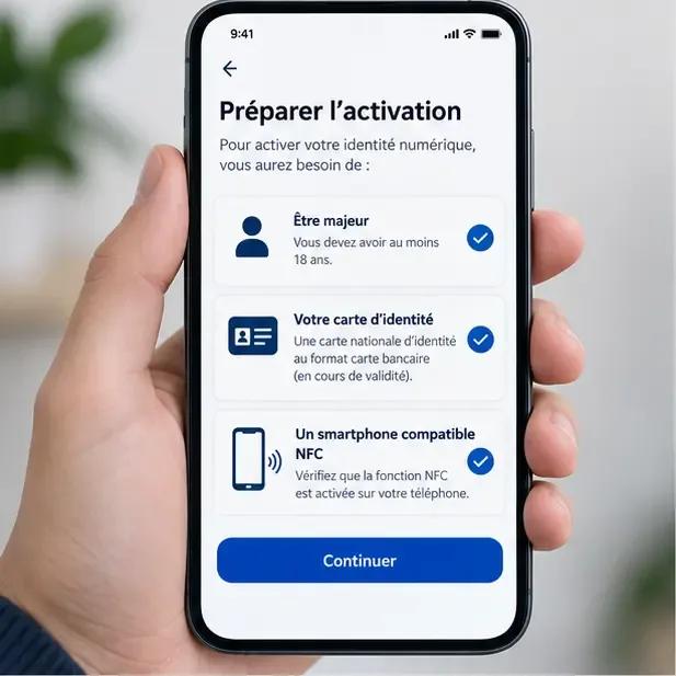 Écran d’application présentant les prérequis : être majeur, posséder une carte d’identité au format carte bancaire et utiliser un smartphone compatible NFC.
