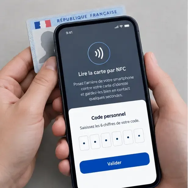 Téléphone posé contre une carte d’identité pour une lecture NFC, avec un écran de saisie d’un code personnel à six chiffres.