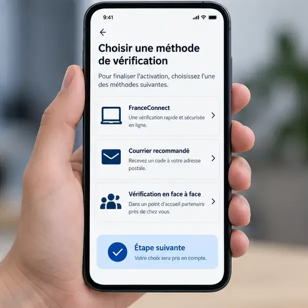 Écran de téléphone listant trois méthodes génériques de vérification : FranceConnect, courrier recommandé et vérification en face à face.