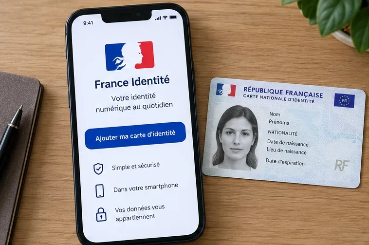 Smartphone affichant France Identité à côté d’une carte nationale d’identité au nouveau format carte bancaire