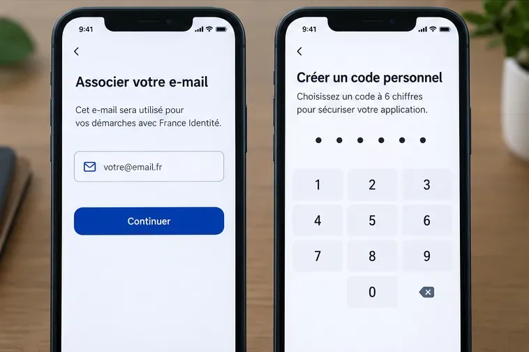 Deux écrans de smartphone illustrant l’association d’une adresse e-mail et la création d’un code personnel à six chiffres